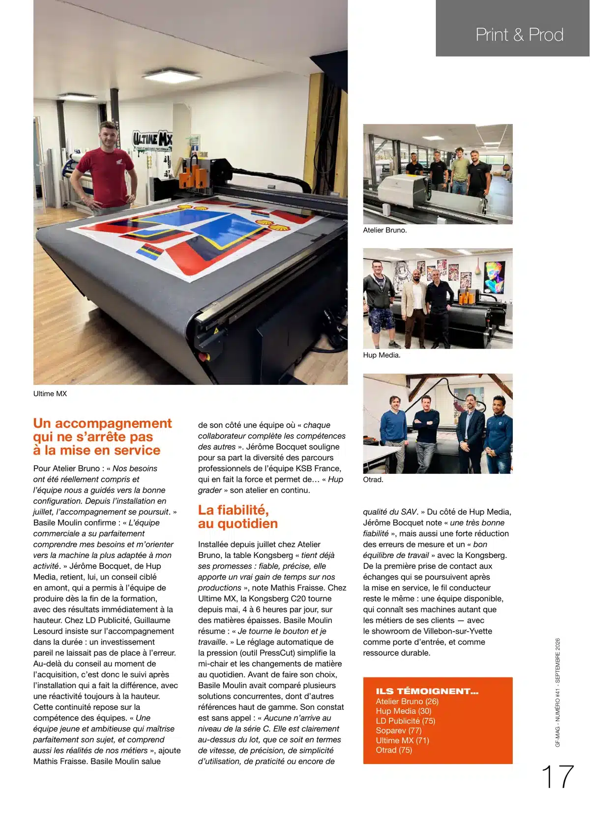 GF Mag n°41, page 17 : témoignages des clients Atelier Bruno, Hup Media, LD Publicité, Soparev, Ultime MX et Otrad